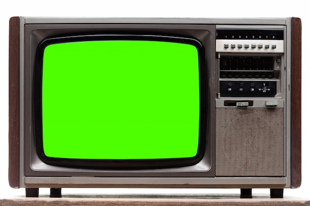 Old retro tv with green screen isolated on white Premium Photo