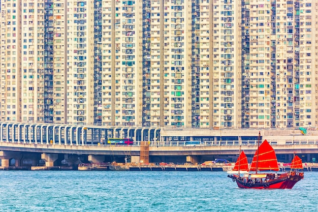 Premium Photo | Old wooden tourist junk ferry boat in victoria harbor