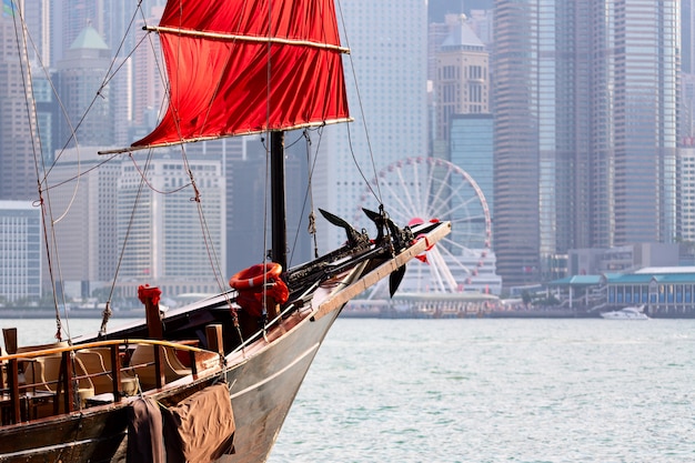 Premium Photo | Old wooden tourist junk ferry boat in victoria harbor