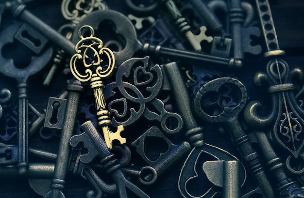 Premium Photo | One golden key on a background of different vintage ...