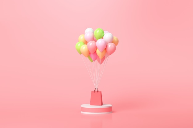 Online shopping concept. balloons and gift boxes with shopping bag on pink Premium Photo