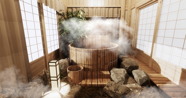 Premium Photo | Onsen room interior with wooden bath and decoration ...