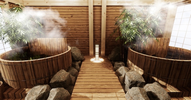 Premium Photo | Onsen room interior with wooden bath and decoration ...