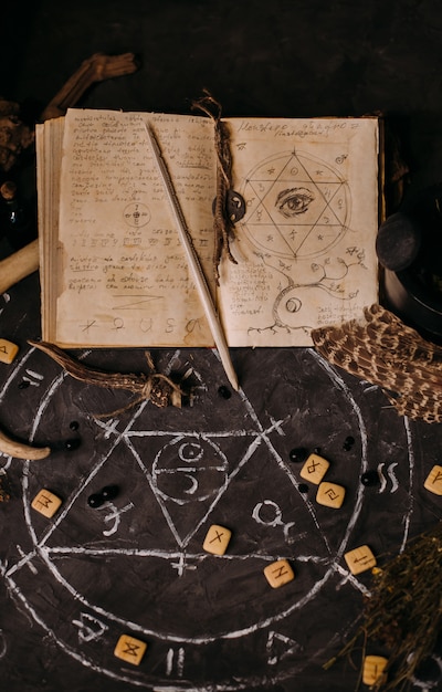 Open old book with magic spells, runes, black candles on witch table