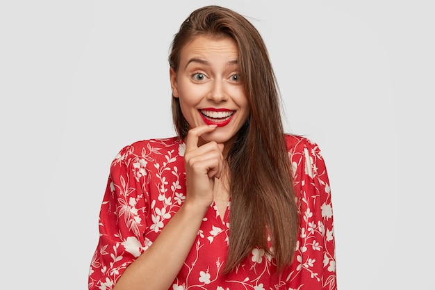 Free Photo Optimistic Happy European Woman Wears Red Lipstick Looks