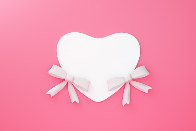 愛の概念と幸せなバレンタイン背景にカードから作られたホワイトハートペーパーフレームとツインリボンの折り紙 3dレンダリング プレミアム写真