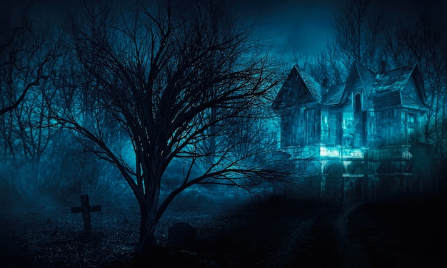 Orror Halloween Haunted House In Creepy Night Forest Photo Premium Download