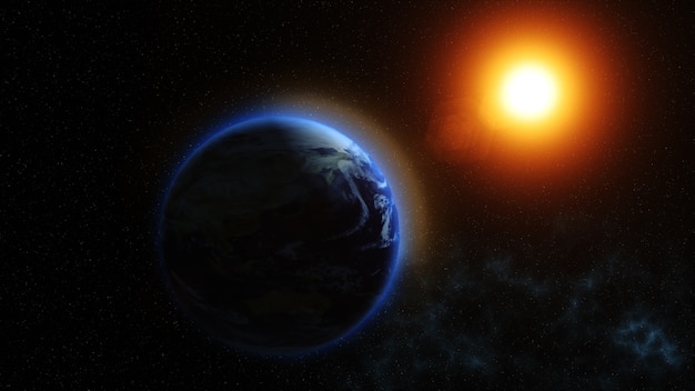 私たちの惑星地球 太陽は宇宙から見た惑星地球に輝いています プレミアム写真