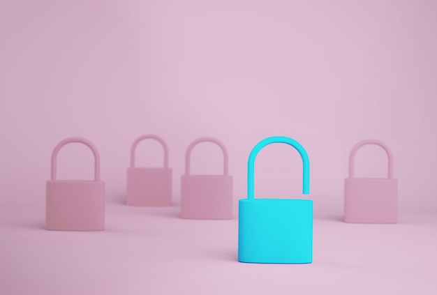 Outstanding blue key unlock standing one different from the others on blue background. successful business team leader concept. Premium Photo
