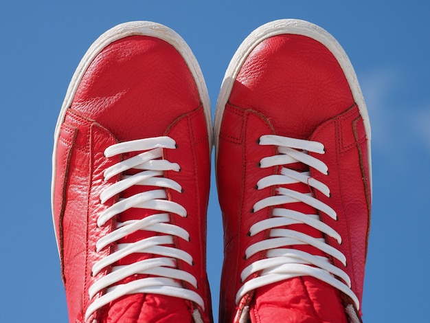red and white shoelaces