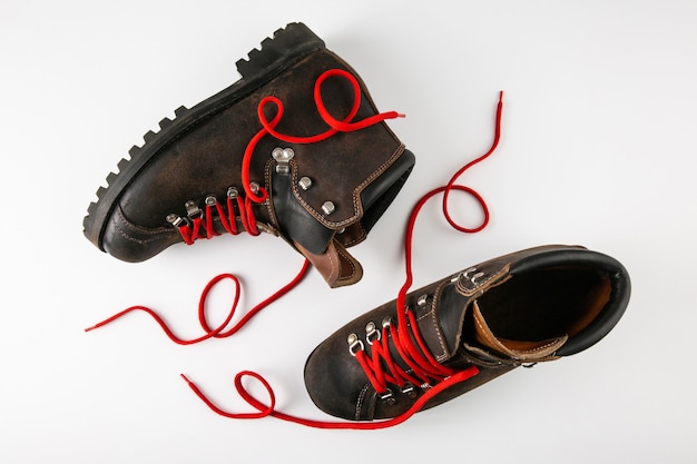 vintage hiking boots with red laces 
