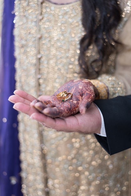 Pakistani Indian Brides Groom Holding Hands Showing Wedding Rings