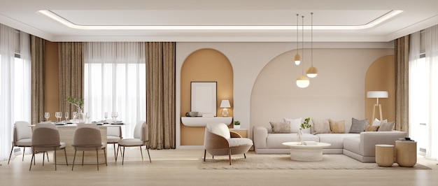  Panorama of luxury living room and dining area with sofaarmchair