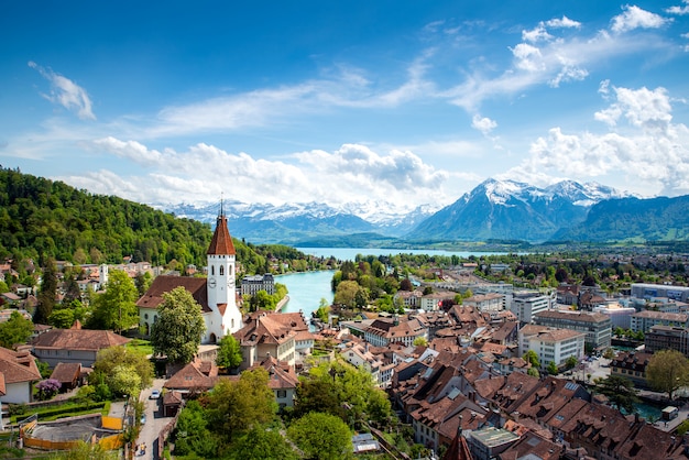 Panorama of thun city in the canton of bern with alps and thunersee ...