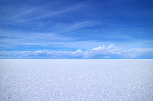 ボリビアのユネスコ世界遺産であるウユニ塩湖フラットのパノラマビュー プレミアム写真