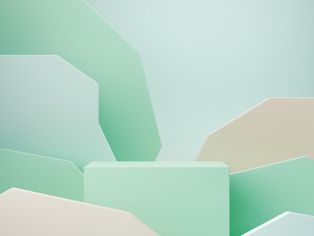 緑のパステルカラーの抽象的な背景のパステルカラーの図形 最小限のボックスの表彰台 幾何学的な形のシーン 化粧品のプレゼンテーションのための空のショーケース ファッション誌 3 Dのレンダリング プレミアム写真
