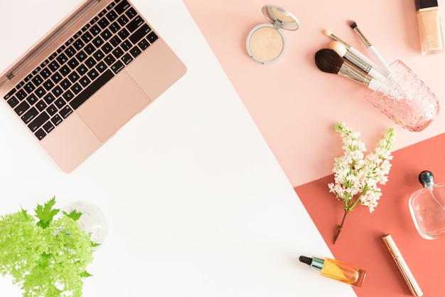 Premium Photo | Pastel office table desk with laptop, leaves, spring ...