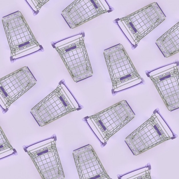 Pattern of many small shopping carts on a violet background. minimalism flat lay top view Premium Photo