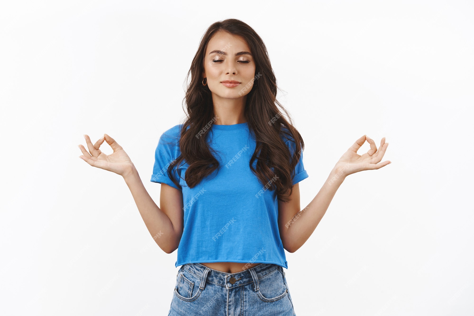 Free Photo | Peaceful and calm pretty brunette female in blue t-shirt ...