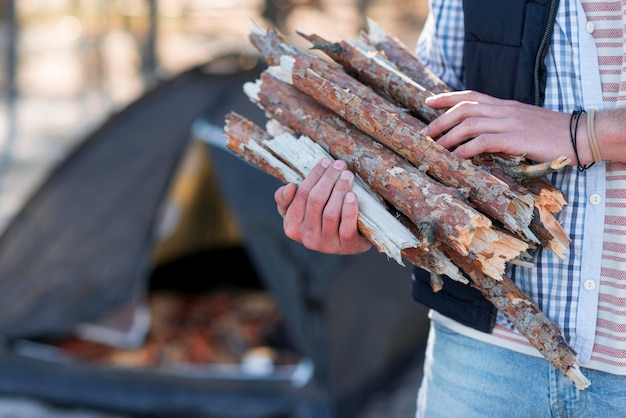 Free Photo Person Collecting Wood For Campfire