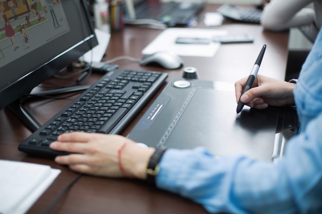 Premium Photo | Person study at the computer close up. woman graphic ...