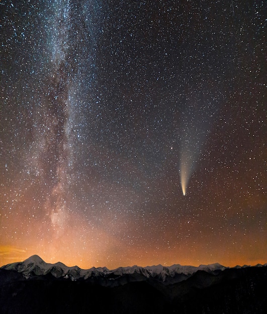 Premium Photo | Photo of c/2020 f3 (neowise) comet. night landscape of ...