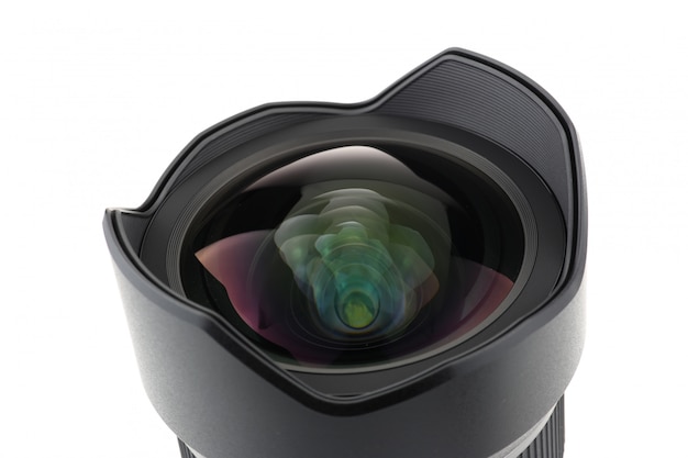 Photo camera lens front view over white background Premium Photo
