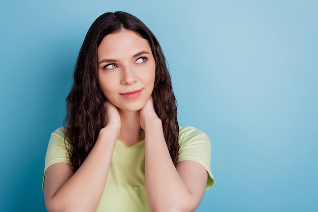 Premium Photo | Photo of dreamy ponderous minded lady arms neck look ...