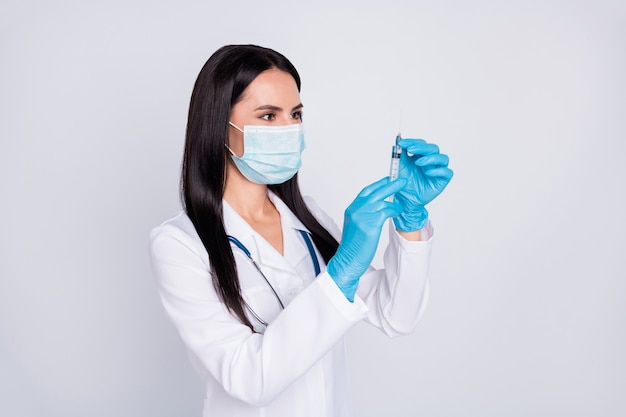 Premium Photo Photo Of Professional Doc Lady Prepare Syringe Wear Mask Gloves Stethoscope
