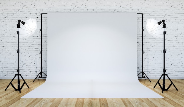 Photo studio lighting set up with white backdrop, 3d rendering Premium Photo
