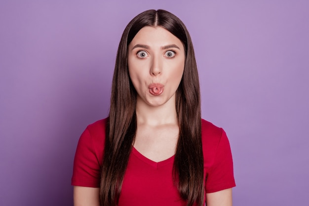 Premium Photo Photo Of Young Attractive Funky Girl Fooling Grimace Tongue Out Isolated Over 0386