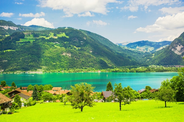 絵のような風景 ジュネーブ湖 自然な壁紙 山スイスの風景 春の活気に満ちた背景 ヨーロッパを旅する 夏の自然の背景 平和な眺め プレミアム写真