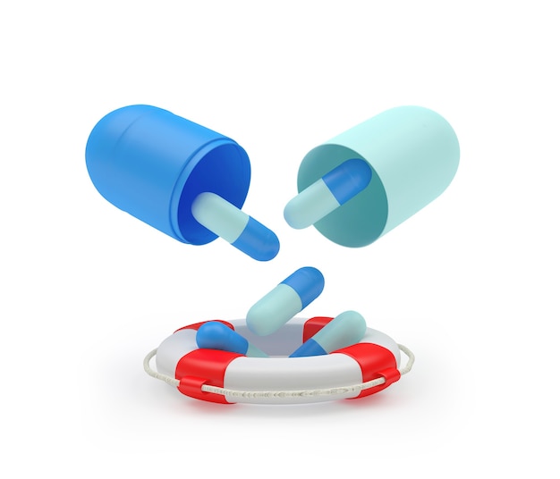Download Premium Photo | Pills fall from a medical capsule into a lifebuoy