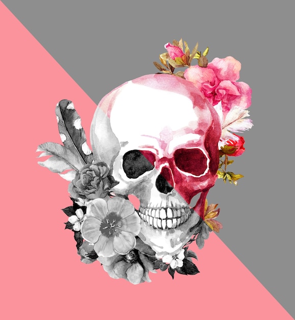 花とピンクとグレーの頭蓋骨 ダイナミックなエッジを持つファッションイラスト プレミアム写真