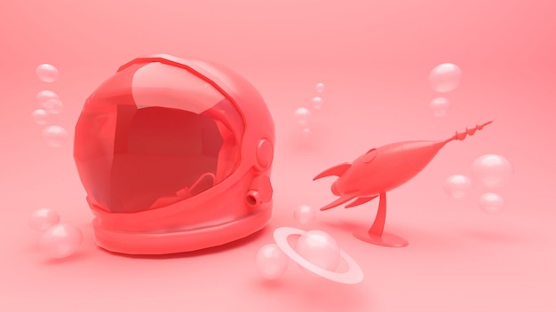 Premium Photo | Pink astronaut helmet and pink rocket 3d rendering.