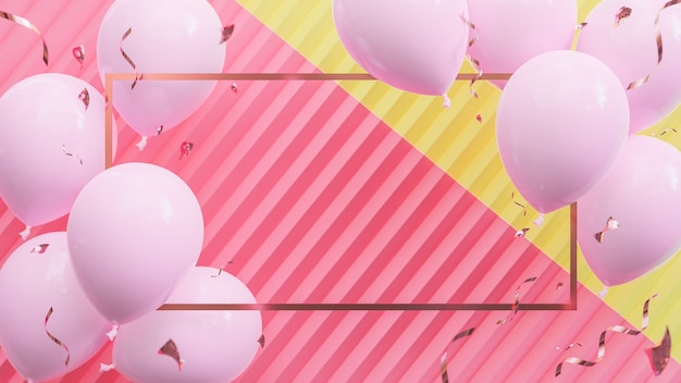 ピンクと黄色のパステルカラーの背景に浮かぶピンクの風船 誕生日パーティーと新年のコンセプト 3dモデルとイラスト プレミアム写真