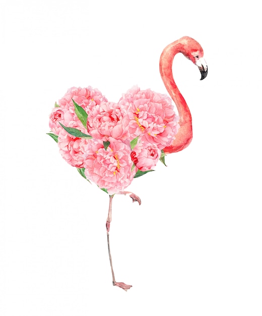 Download Pink flamingo bird with floral heart and peonies flowers ...