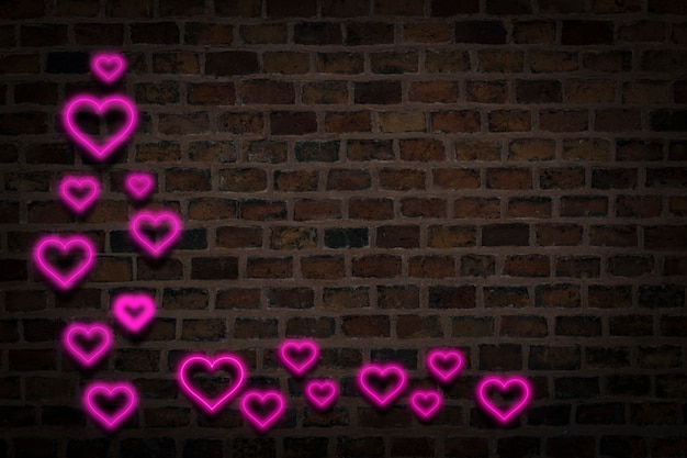 Pink Hearts Neon Sign On The Background Of The Fire Wall