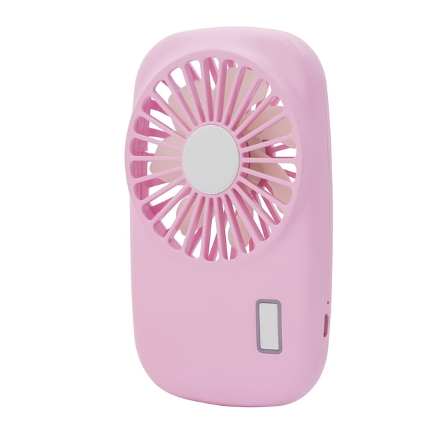 Premium Photo | Pink mini fan. portable fan usb on white background.