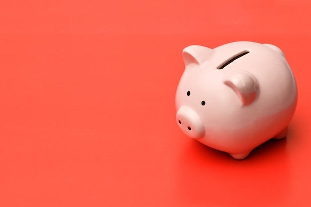 Premium Photo | Pink piggy bank stands on the right on a red background ...