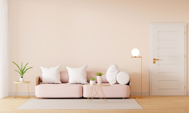 コピースペース付きの茶色のリビングルームのインテリアにピンクのソファ プレミアム写真