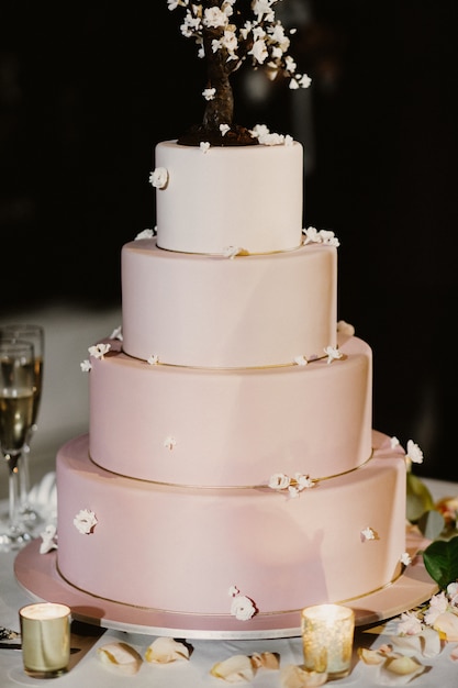 キャンドルとバラの花びらで飾られたピンクのウェディングケーキ 無料の写真