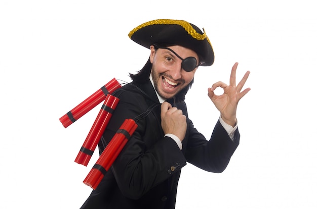 Pirate in black suit holding bomb isolated on white | Premium Photo