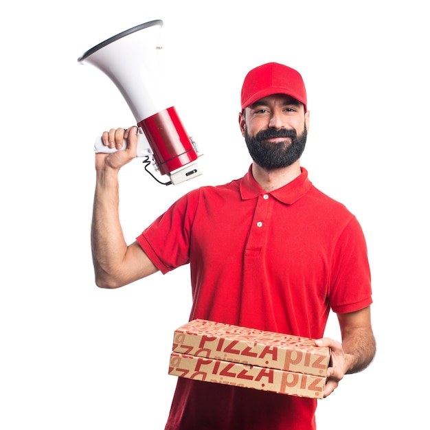 Free Photo Pizza delivery man shouting by megaphone