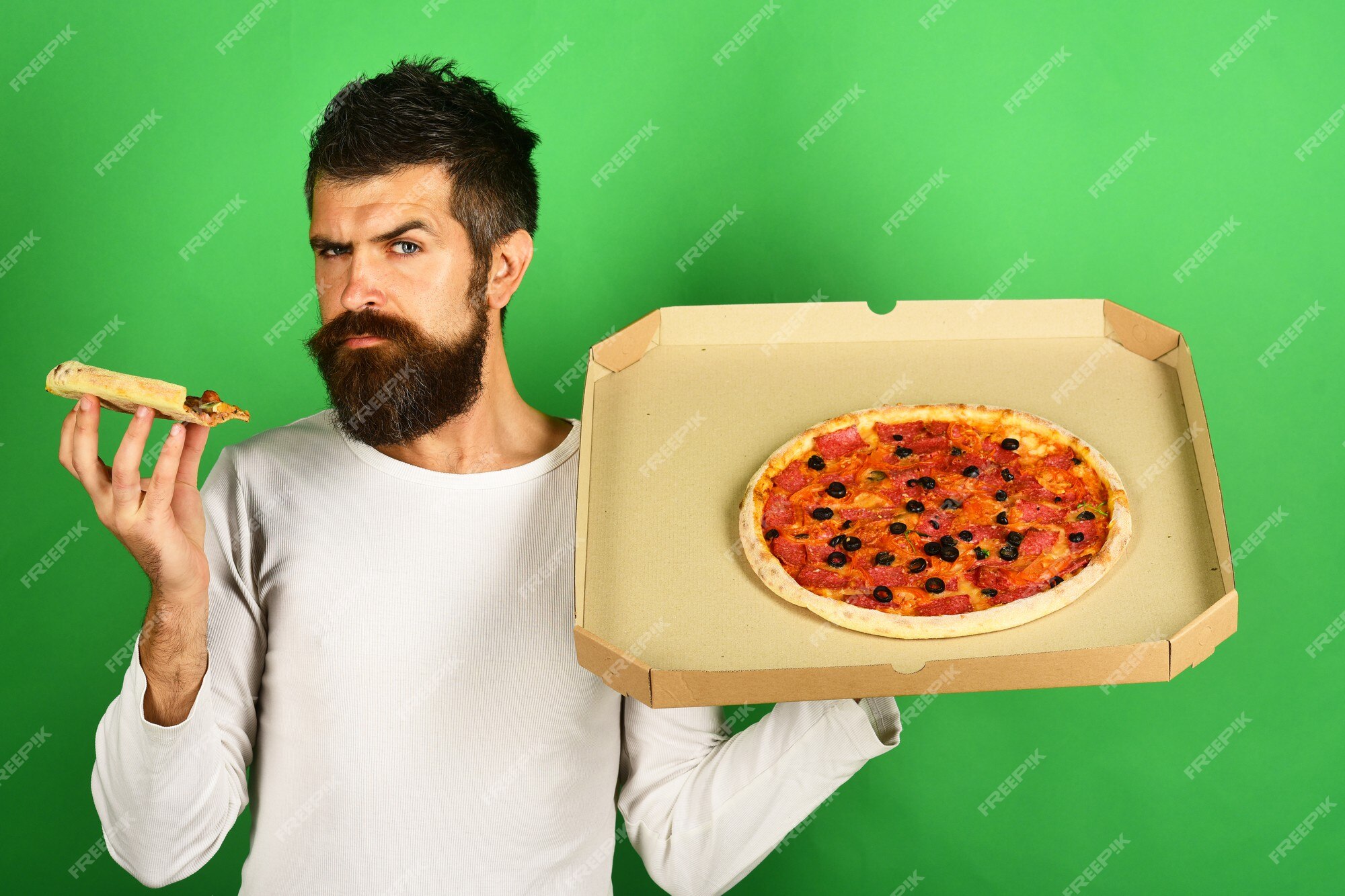 Premium Photo Pizza Handsome Sexy Bearded Man With Serious Face