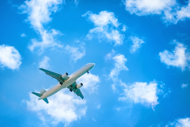 Premium Photo | A plane flying in the blue sky with white clouds