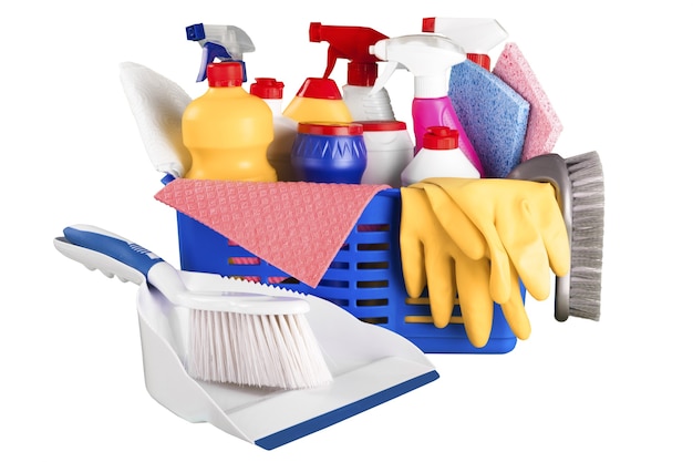 Premium Photo | Plastic bottles and cleaning sponges on background