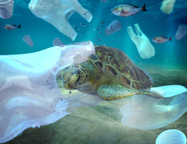 海洋の環境問題におけるプラスチック汚染カメはクラゲだと思ってプラスチックを食べることができます プレミアム写真