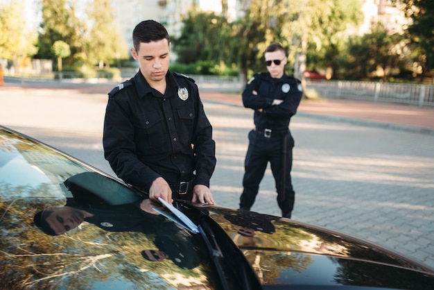 Premium Photo | Policemen in uniform writes car fine