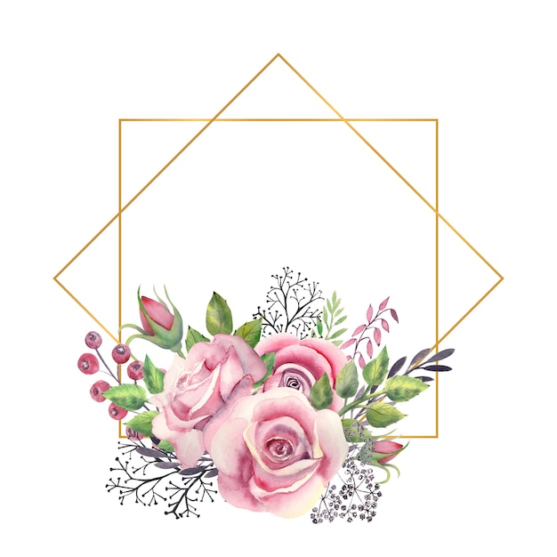 Premium Photo | Polygonal gold frame with a watercolor flowers